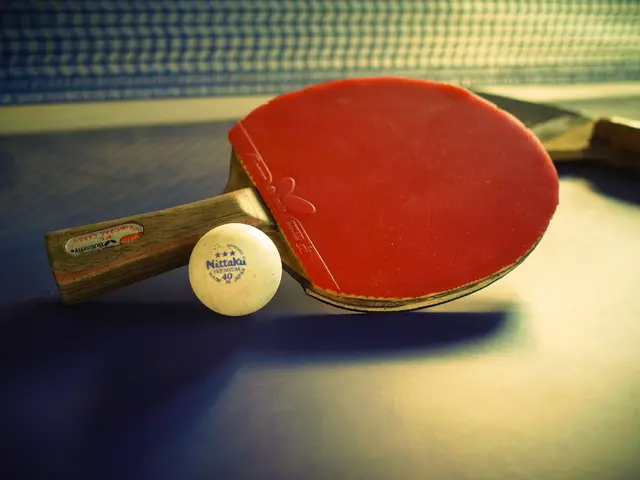 In this image there is a table tennis table and there is a table tennis bat and a ball on the...